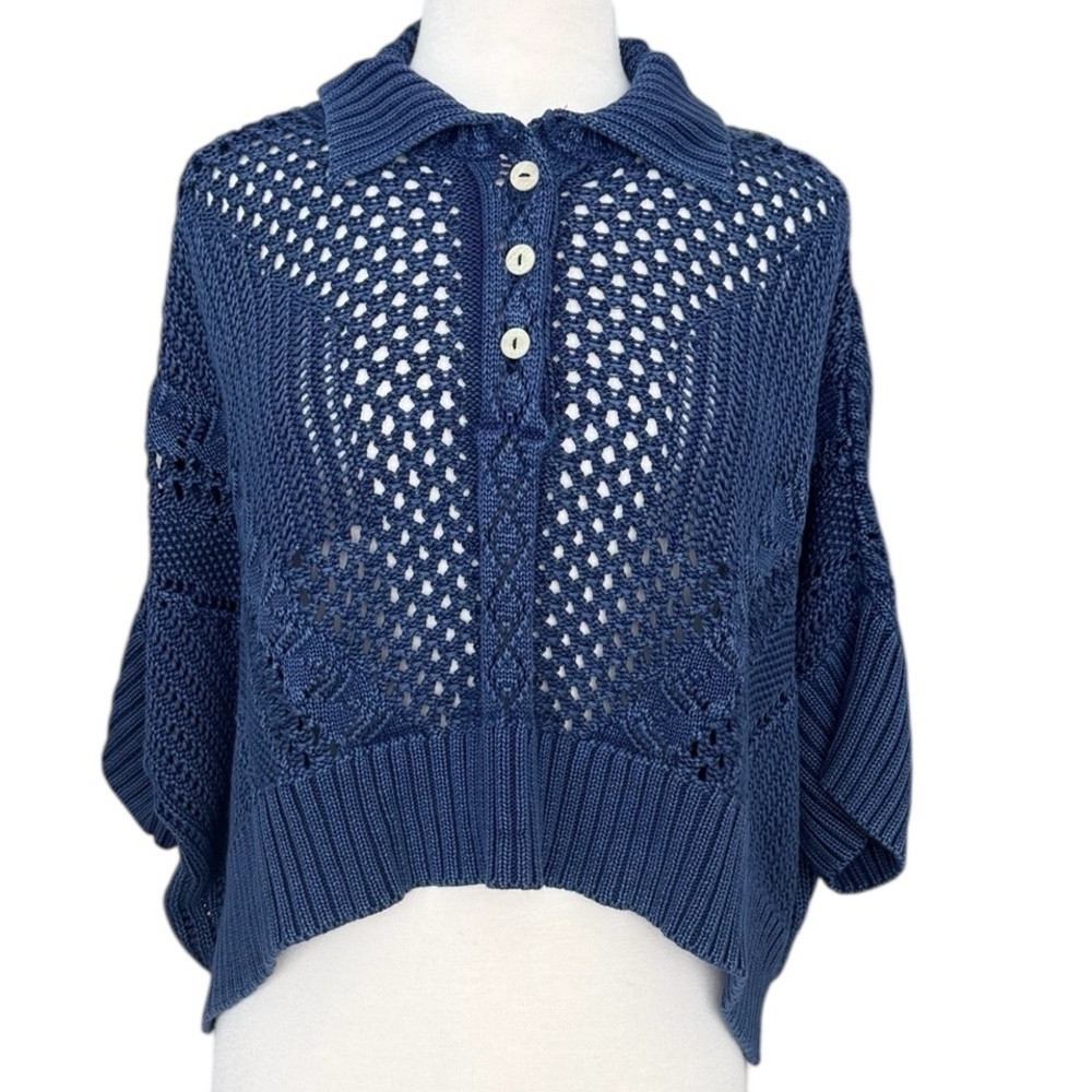 New Free People Point Polo Sweater Navy Open Knit Crochet Collar Slouchy S